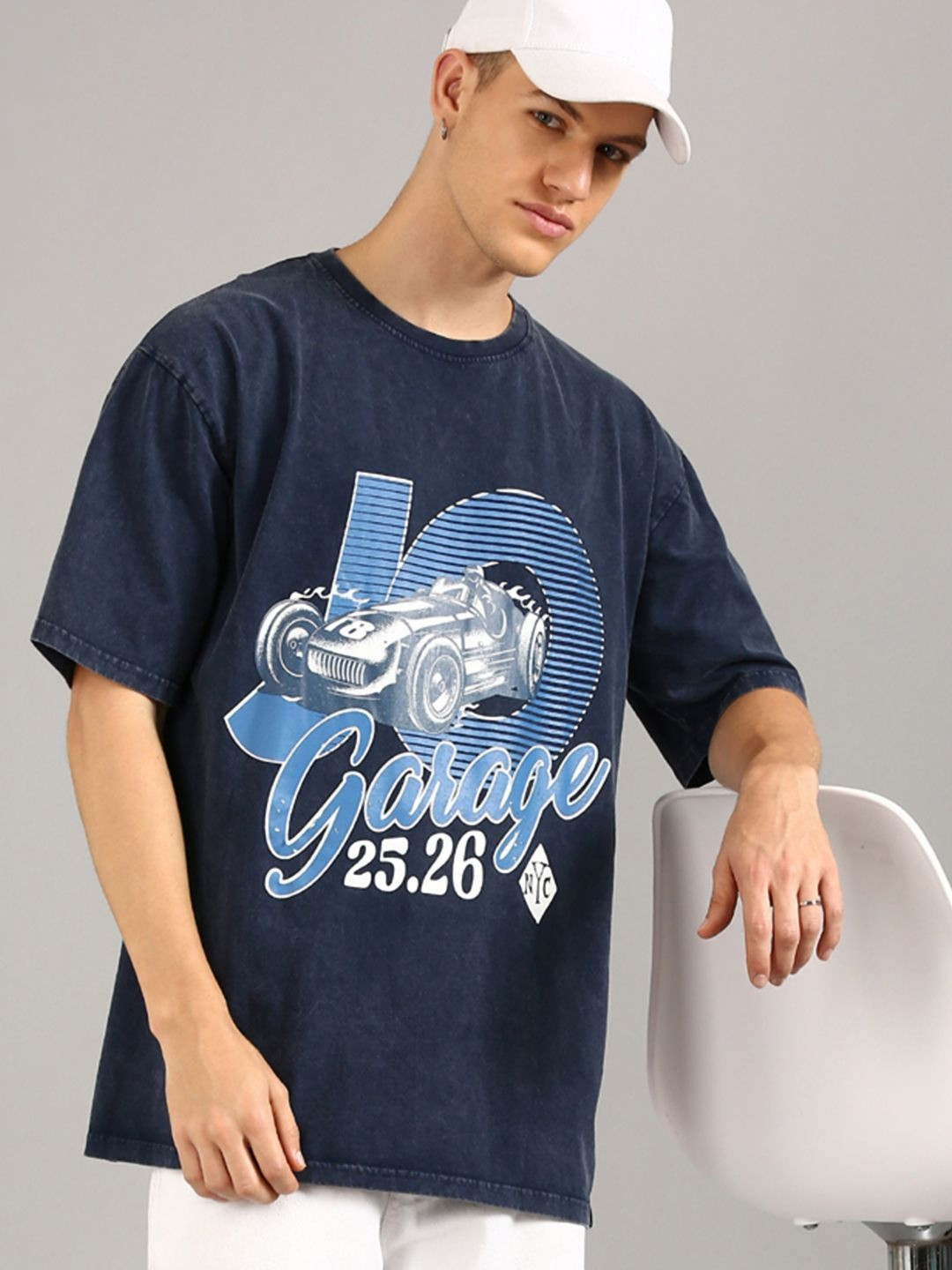 

Joven Men Typography Printed Round Neck Cotton Oversized T-shirt, Navy blue