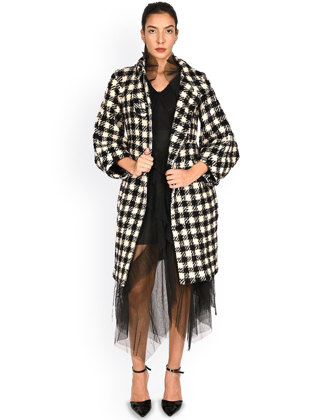 

ODETTE Women Geometric Longline Open Front Jacket, Black
