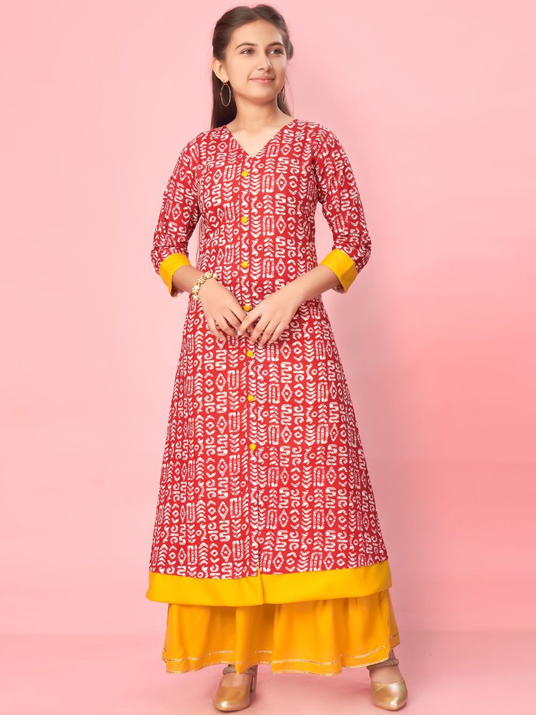 

BAESD Girls Geometric Printed V-Neck Cotton A-Line Kurta, Maroon