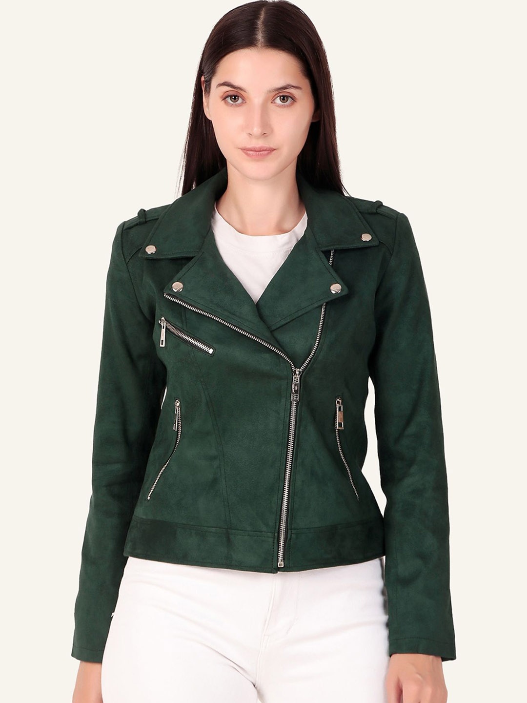 

Leather Retail Women Solid Biker Jacket, Green