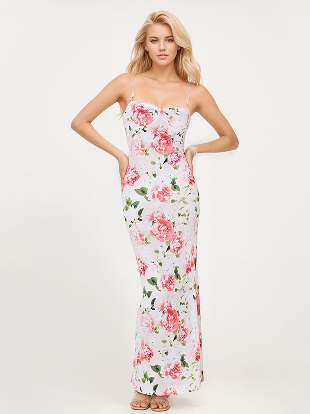 

JC Mode Women Floral Printed Shoulder Straps Maxi Dress, Pink
