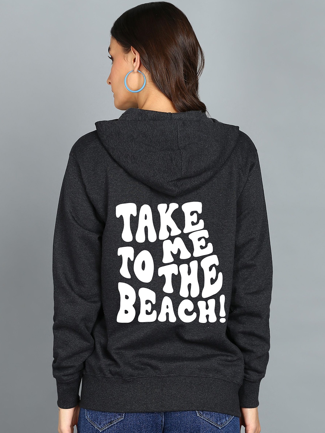 

FALTU.CO Women Printed Zip Detail Hooded Cotton Sweatshirt, Charcoal