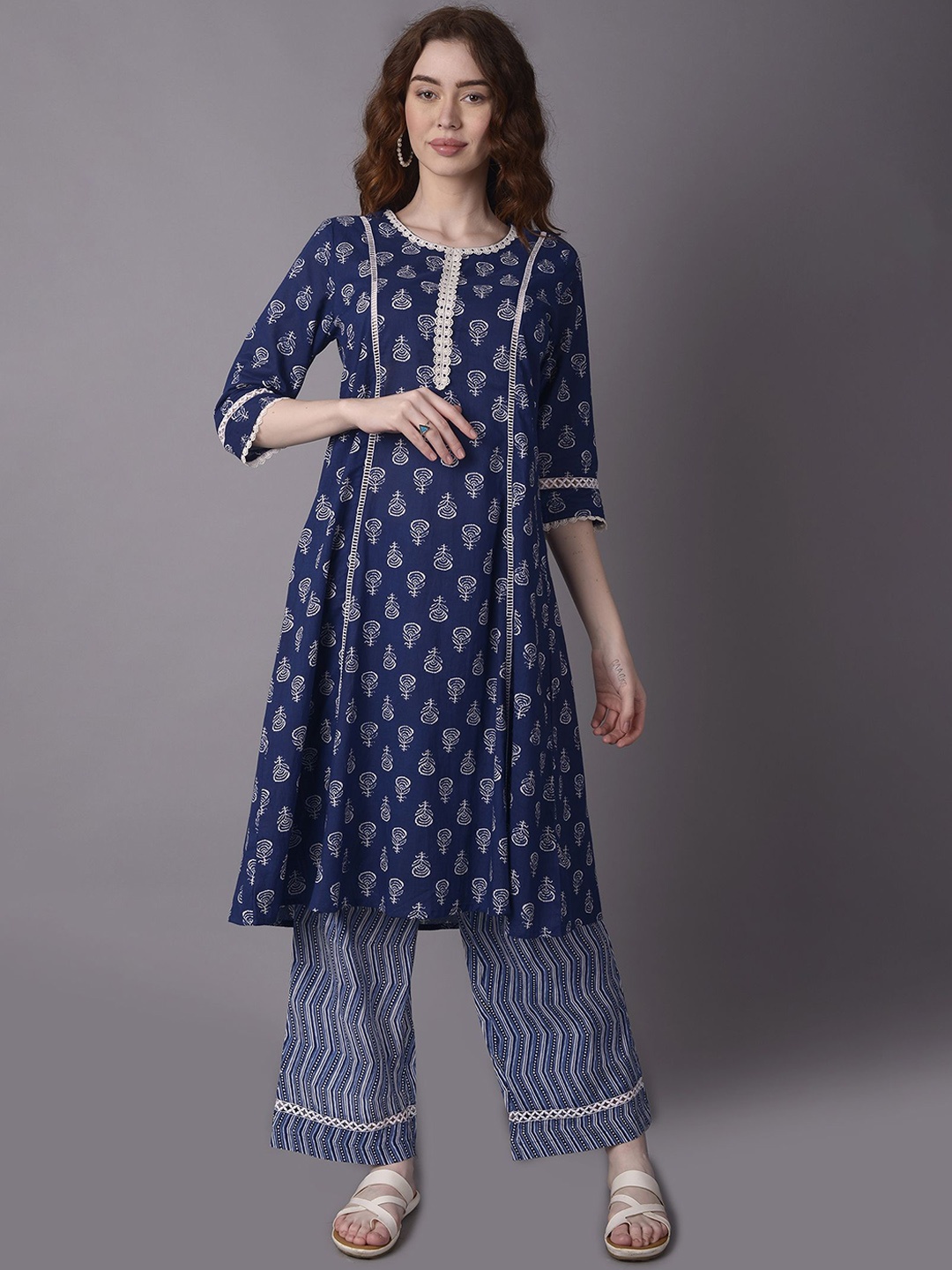 

Shree Floral Printed Pure Cotton A-Line Kurta with Trousers, Navy blue