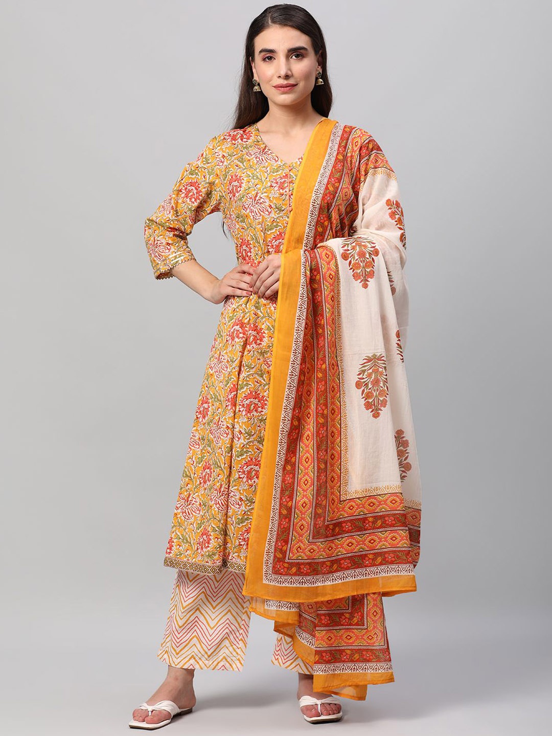 

Shree Floral Printed Pure Cotton A-Line Kurta with Trousers & Dupatta, Mustard