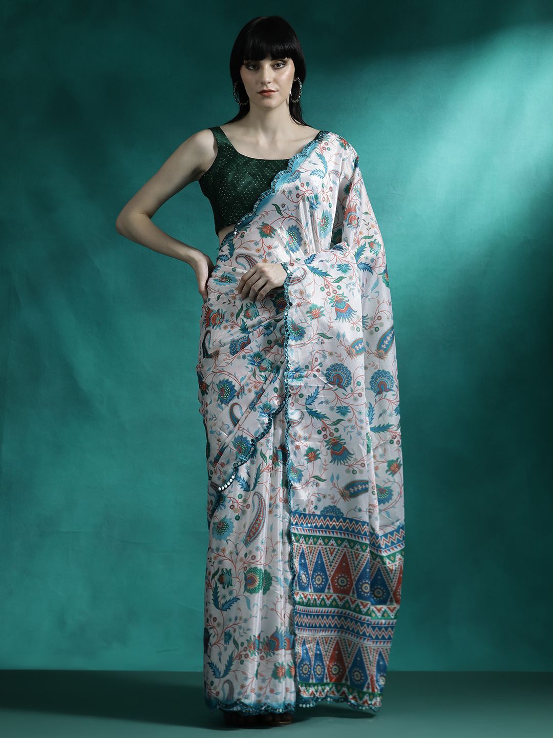 

Sangria Ethnic Motifs Printed & Mirror work Saree With Blouse, White