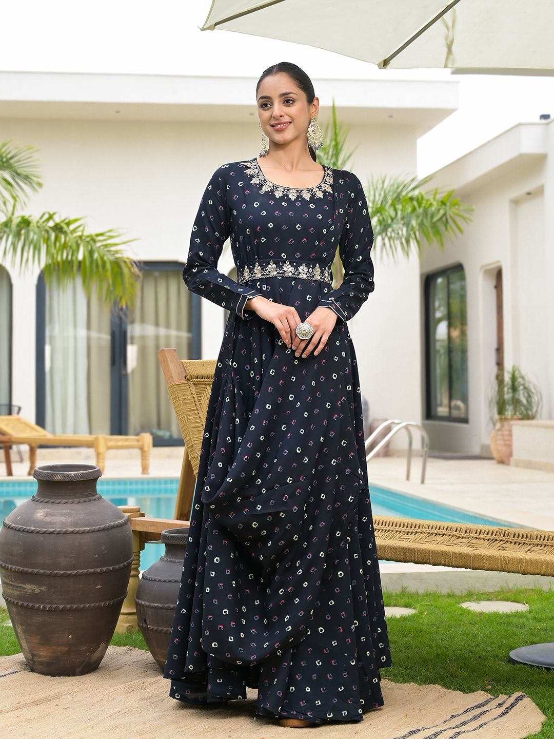 

Chandbaali Floral Print Fit & Flare Maxi Dress, Navy blue