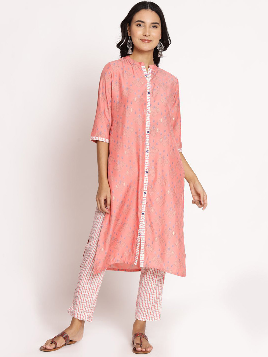

Shree Ethnic Motifs Printed Mandarin Collar Chanderi Silk Kurta with Trousers, Peach