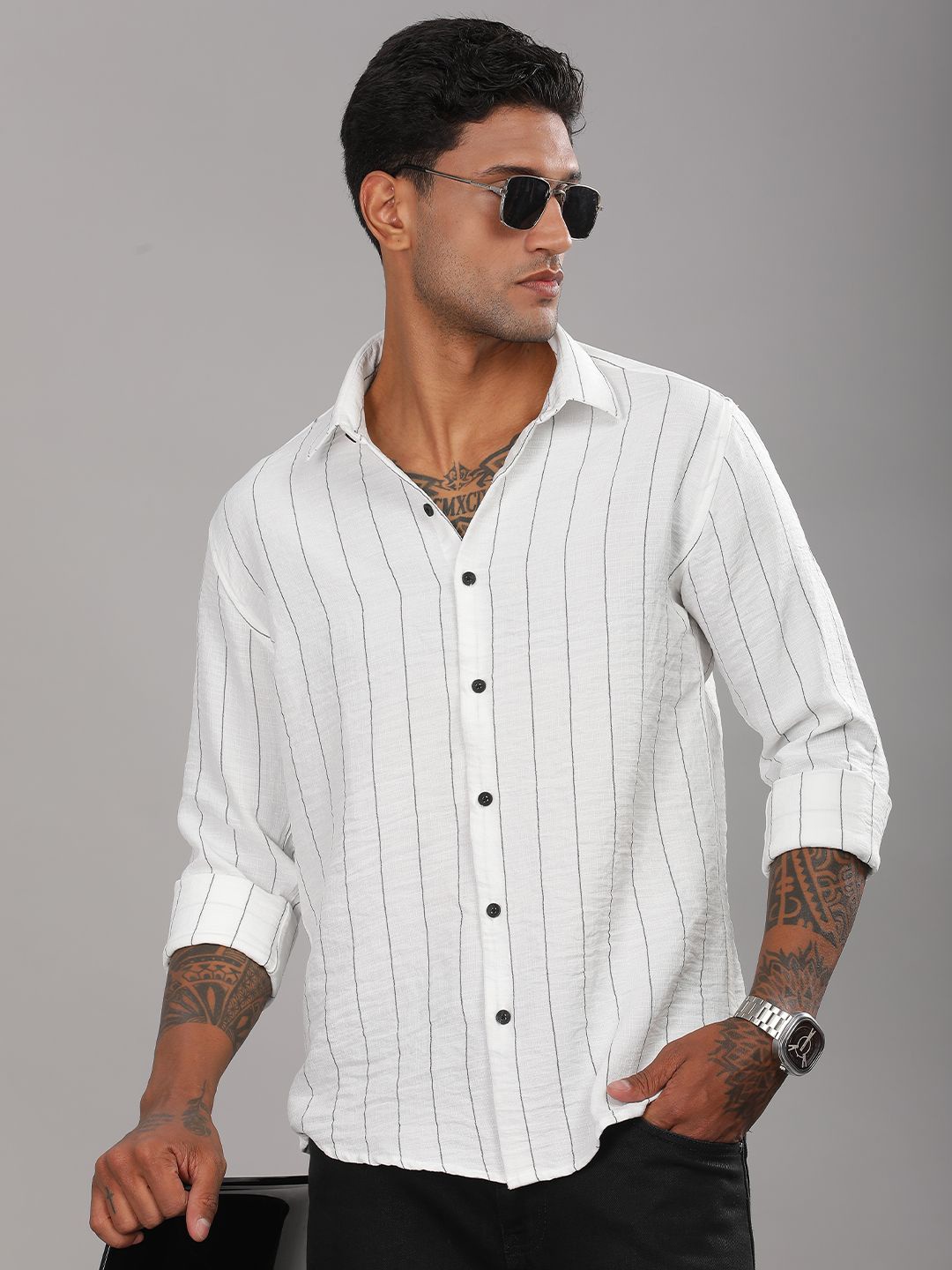 

PAUL STREET Men Standard Spread Collar Vertical Striped Slim Fit Casual Shirt, White