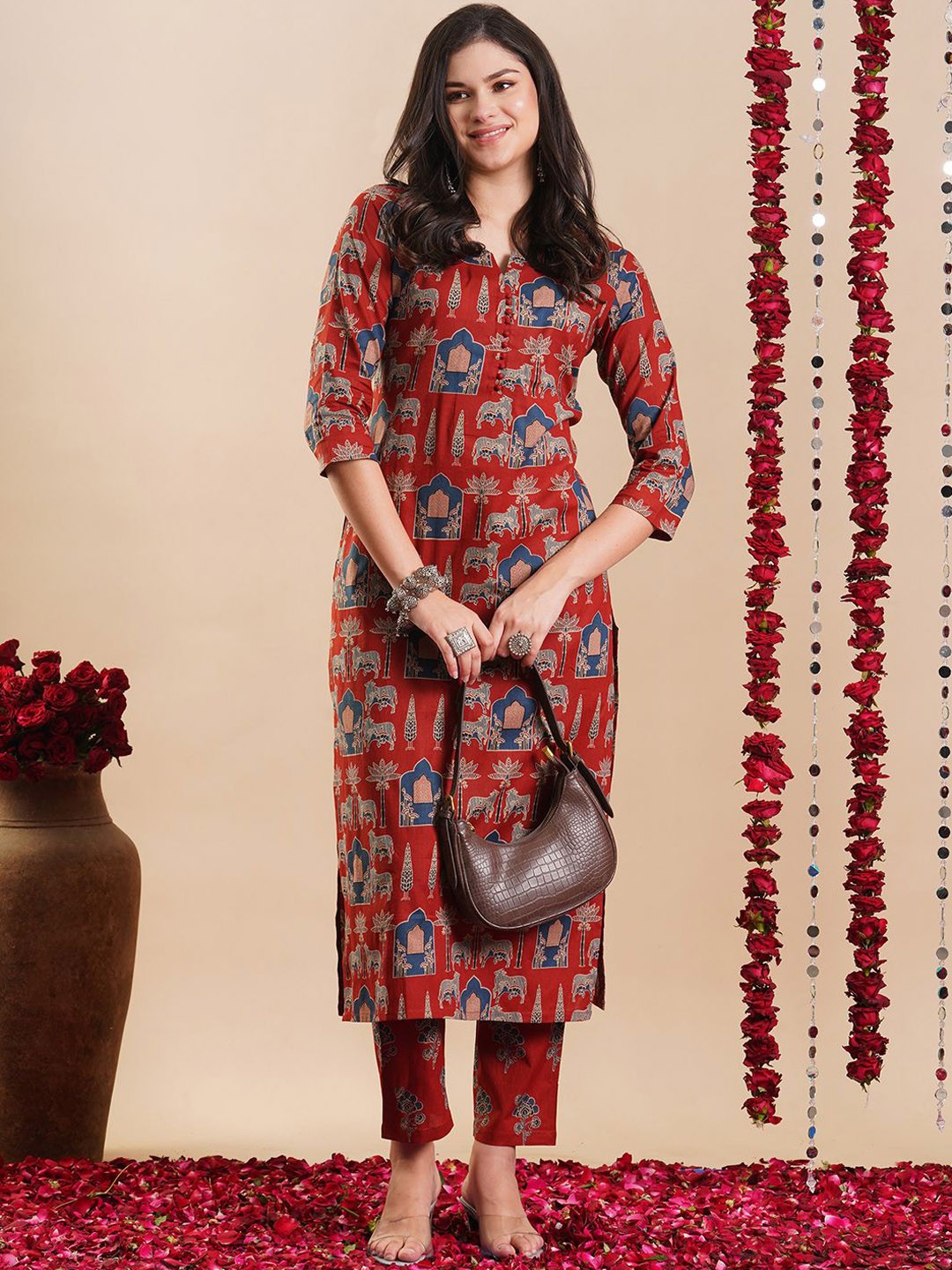 

KALINI Ethnic Motifs Printed Notch Neck Straight Kurta with Trousers, Red