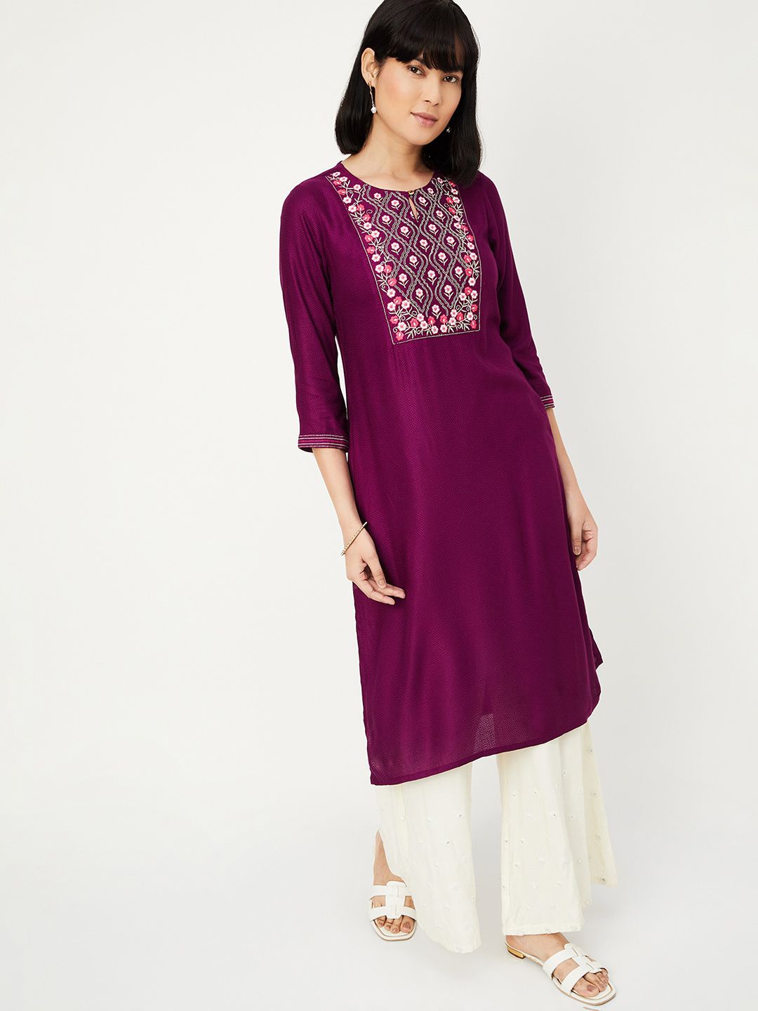 

max Embroidered Thread Work Straight Kurta, Purple