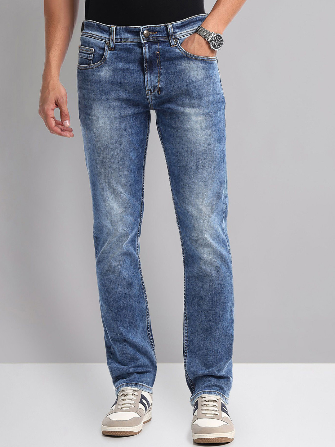 

AD By Arvind Men Slim Fit Low Distress Heavy Fade Jeans, Blue