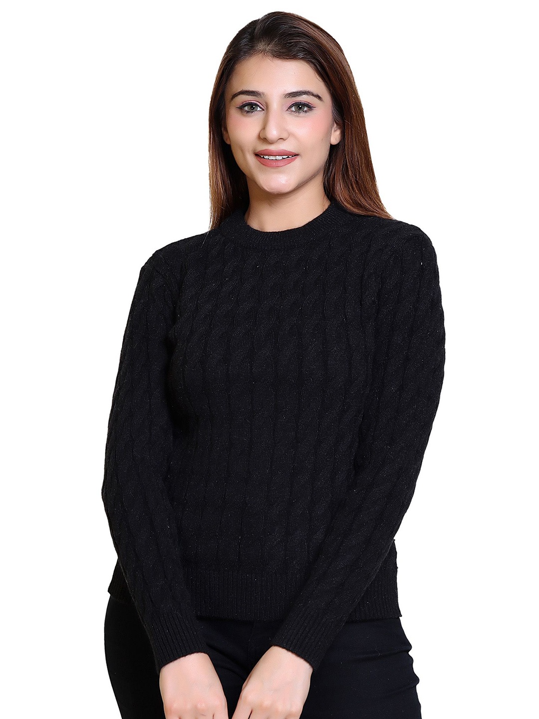 

LEZA Women Self Design Round Neck Pullover Sweater, Black