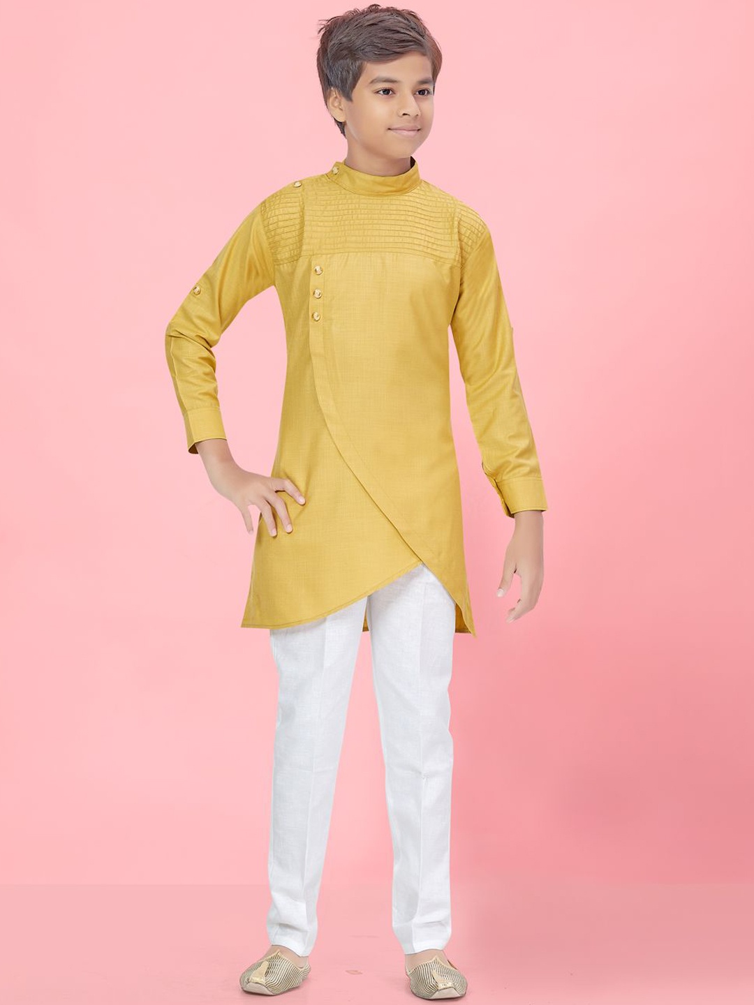 

BAESD Boys Mandarin Collar Regular Pure Cotton Straight Kurta with Trousers, Yellow