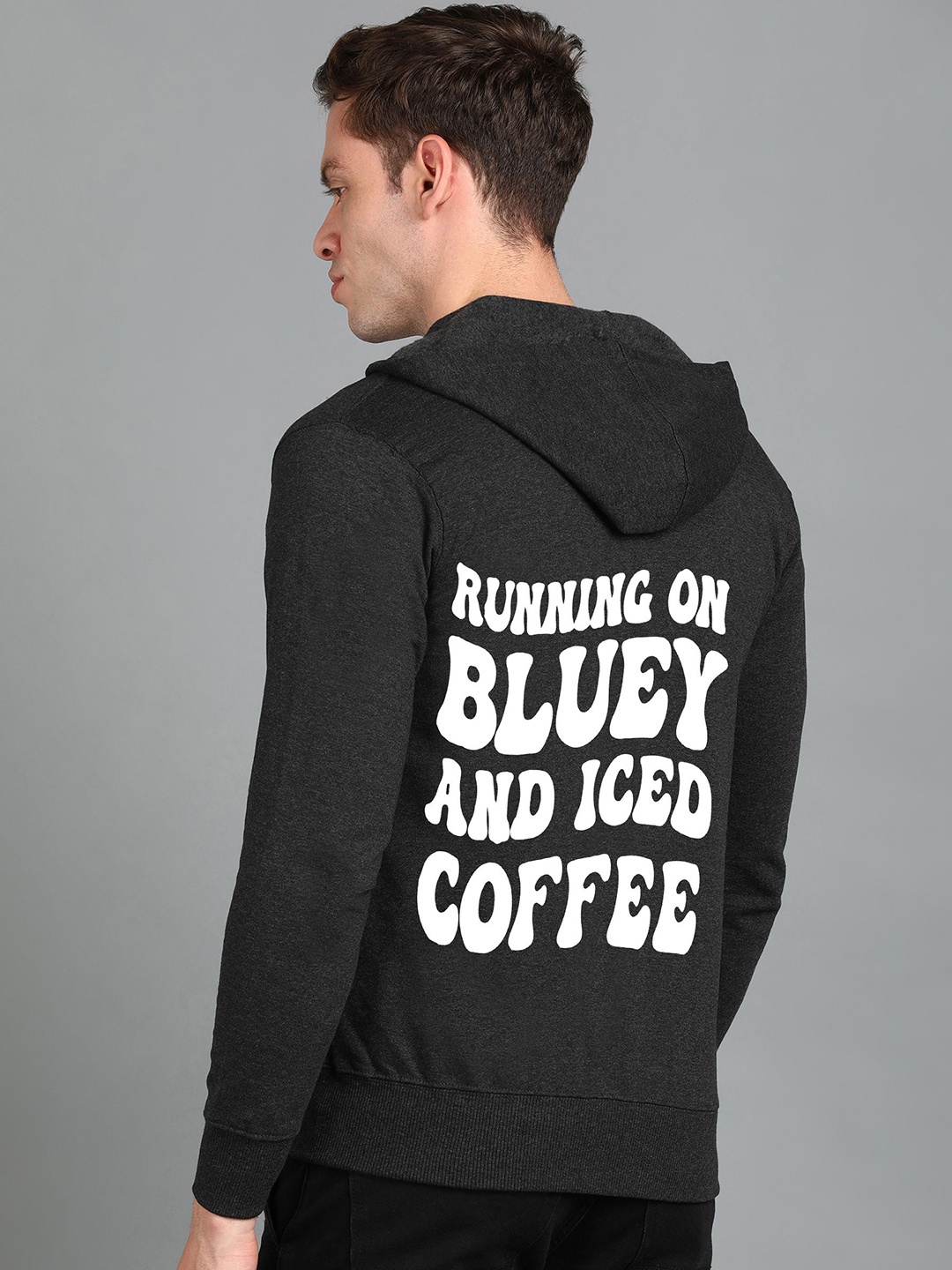 

FALTU.CO Men Printed Hooded Pure Cotton Sweatshirt, Charcoal