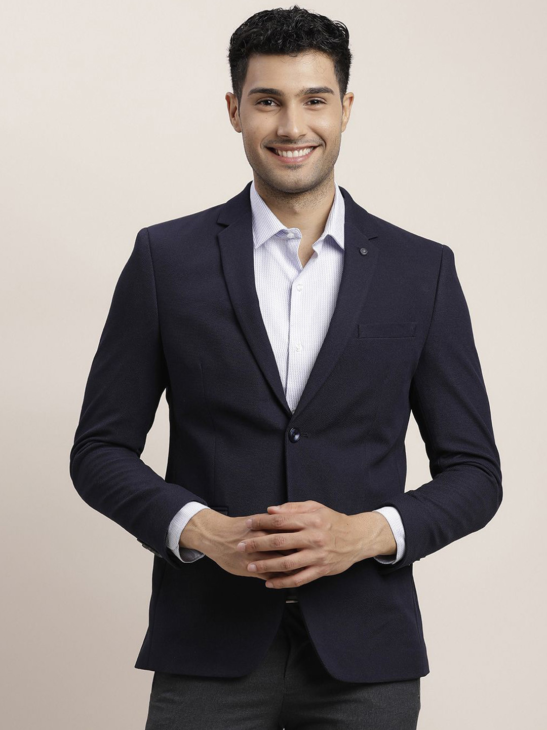 

Turtle Notched Lapel Collar Single-Breasted Blazer, Navy blue
