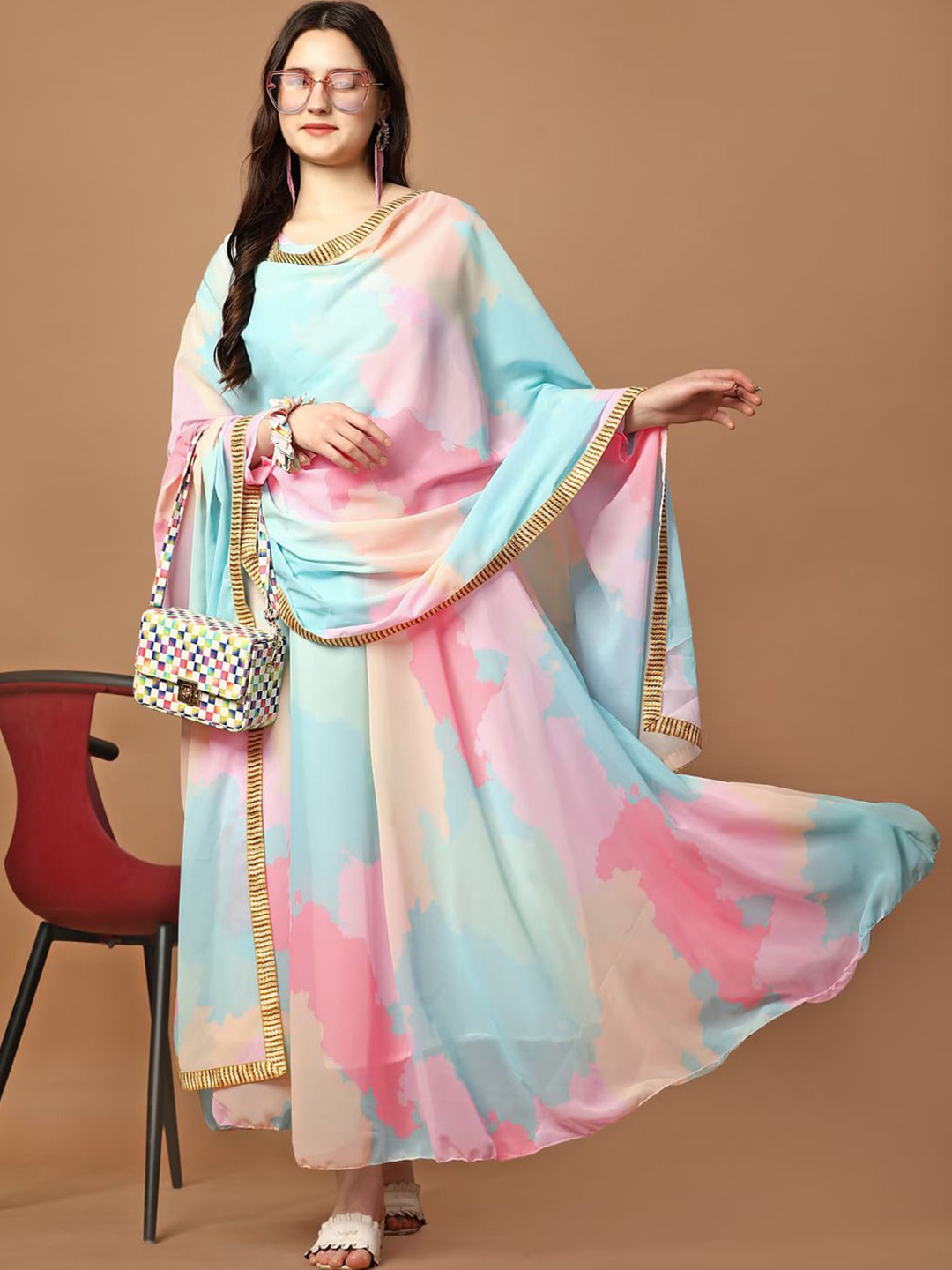 

BAESD Women Printed Georgette Maxi Dress, Turquoise blue