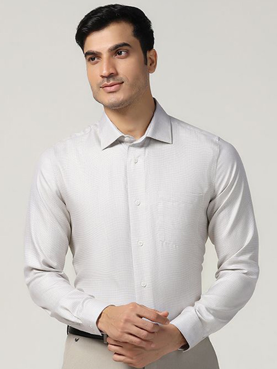 

Blackberrys Men India Spread Collar Textured Cotton Slim Fit Casual Shirt, White