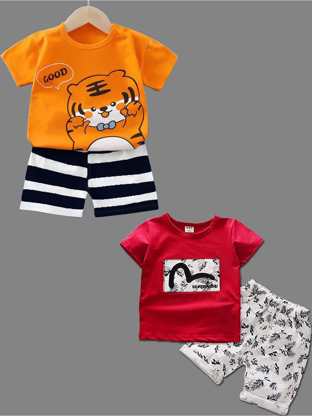 

BAESD Kids Pack Of 2 Printed Round Neck Striped Pure Cotton T-shirt with Shorts, Red