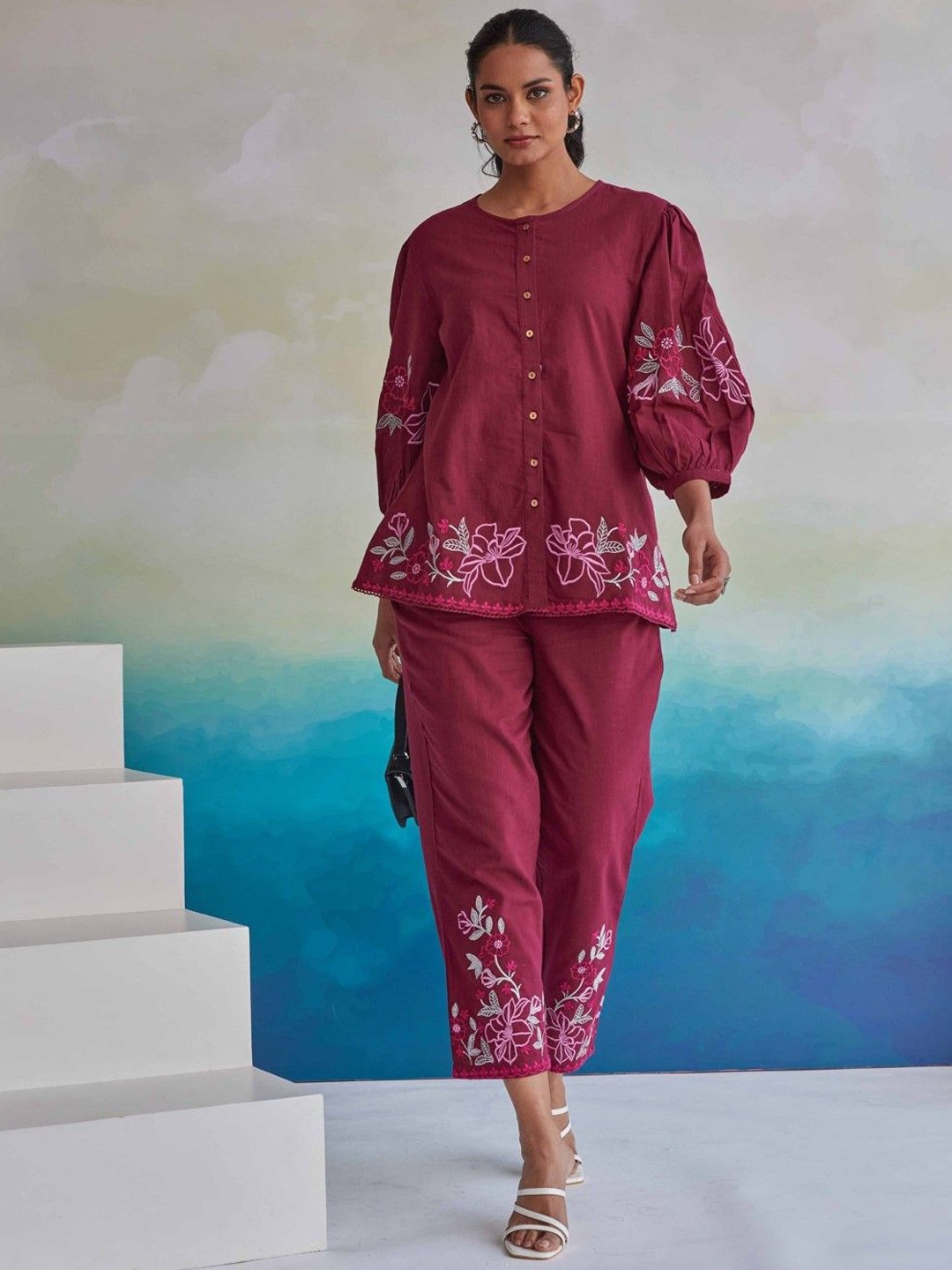 

AUTUMN LANE Embroidered Pure Cotton Top With Trouser, Maroon