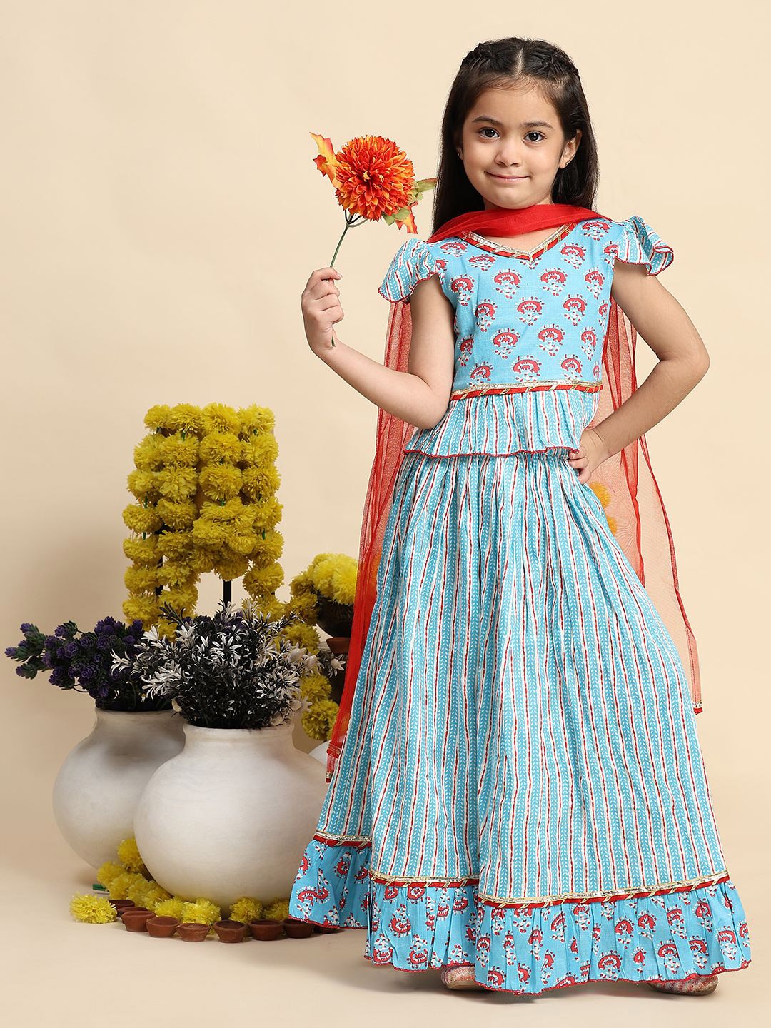 

Cutiekins Girls Floral Printed Cotton Gotta Patti Ready to Wear Lehenga & Blouse & Dupatta, Blue