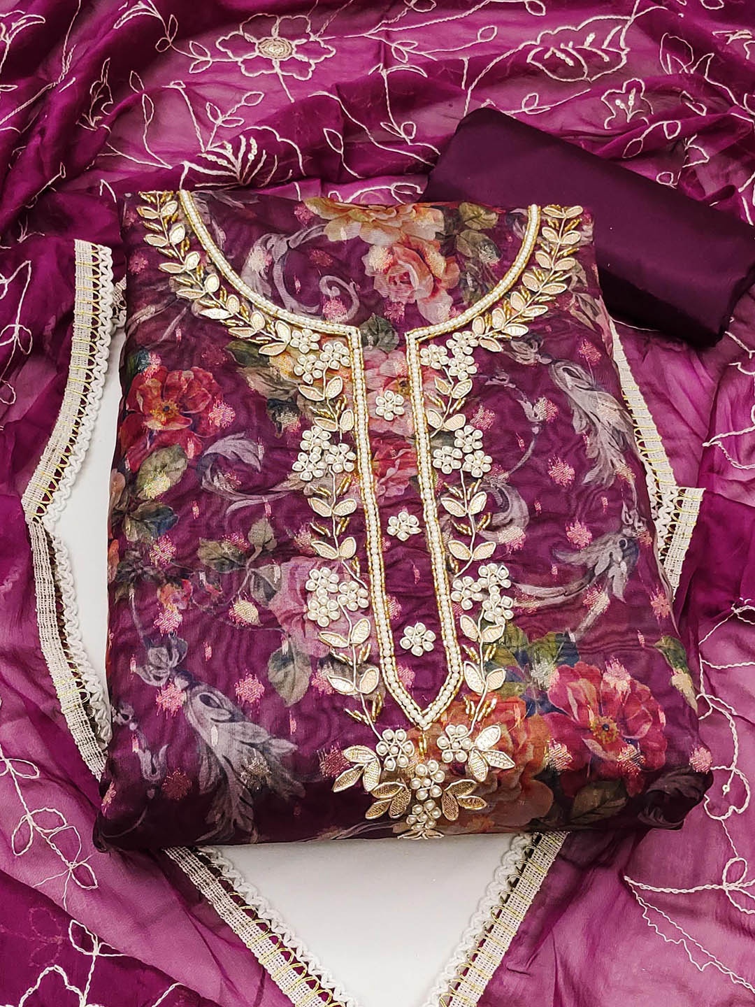 

Ishin Floral Embroidered Beads & Stones Organza Unstitched Dress Material, Purple