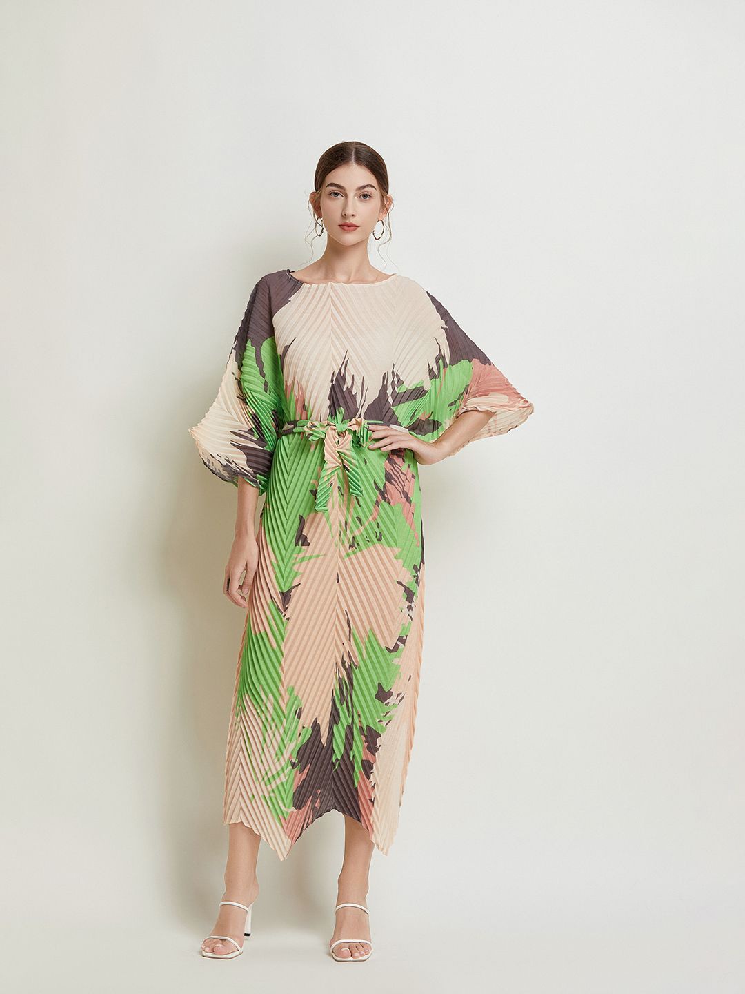 

JC Collection Tropical Printed Extended Sleeves Sheath Maxi Dress, Green