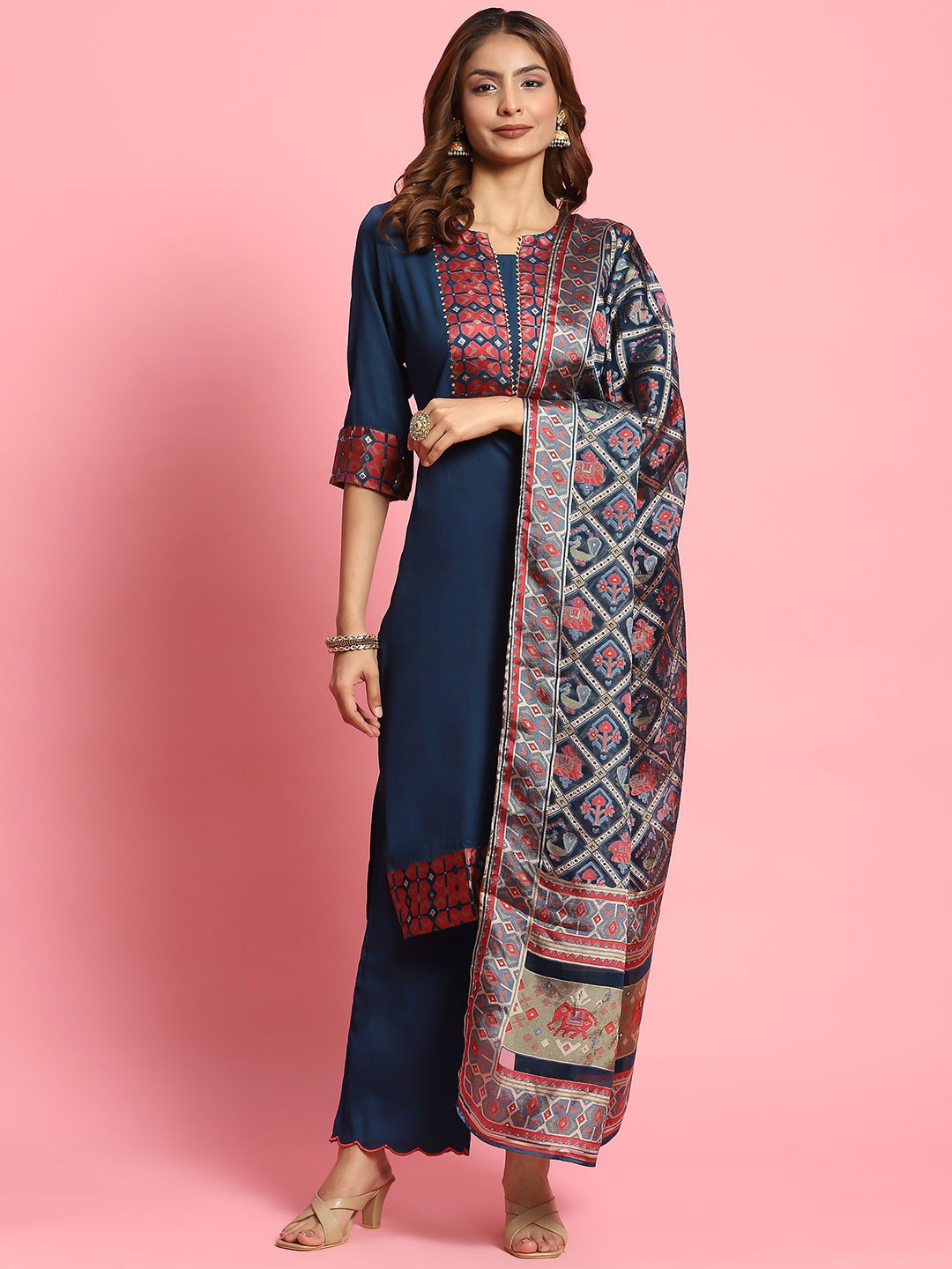 

Shree Geometric Yoke Design Regular Gotta Patti Kurta With Trousers & Dupatta, Teal
