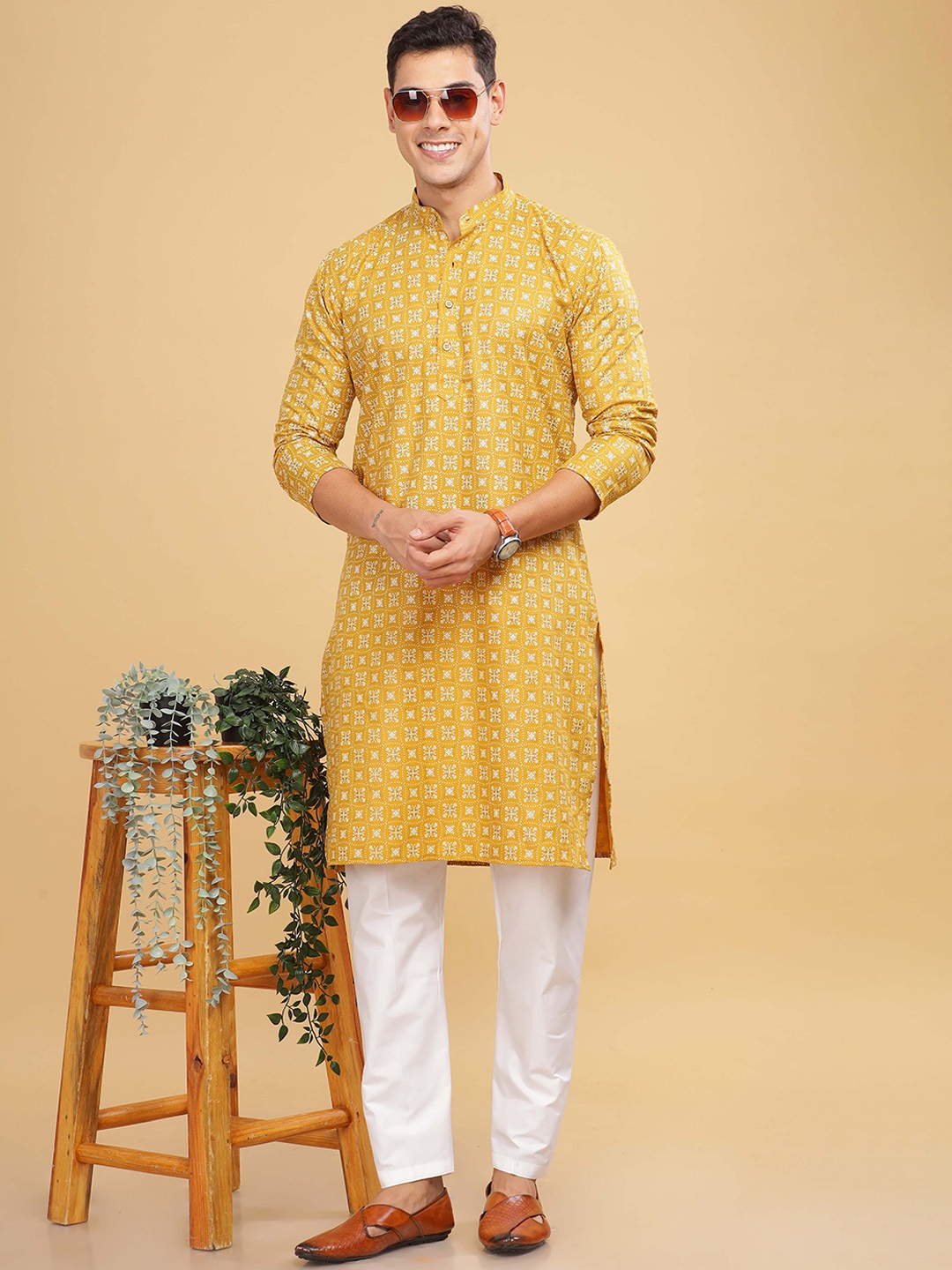 

Anouk Yellow Ethnic Motifs Printed Band Collar Cotton Straight Kurta
