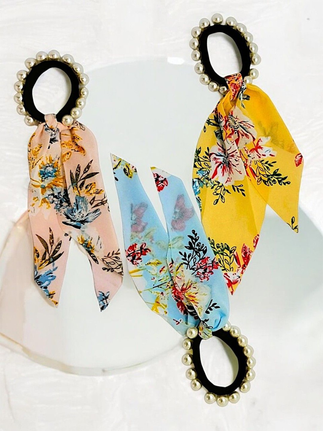 

9blings Women Set of 3 Floral Printed Beaded Ponytail Holders, Yellow