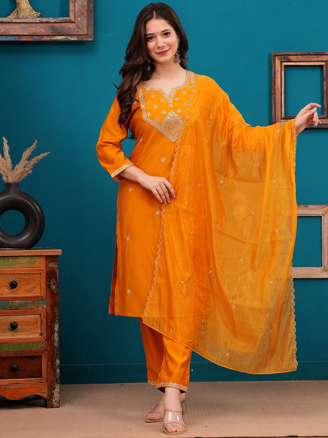 

CELEBRAVO Ethnic Motifs Embroidered Straight Sequinned Kurta with Trousers & Dupatta, Mustard