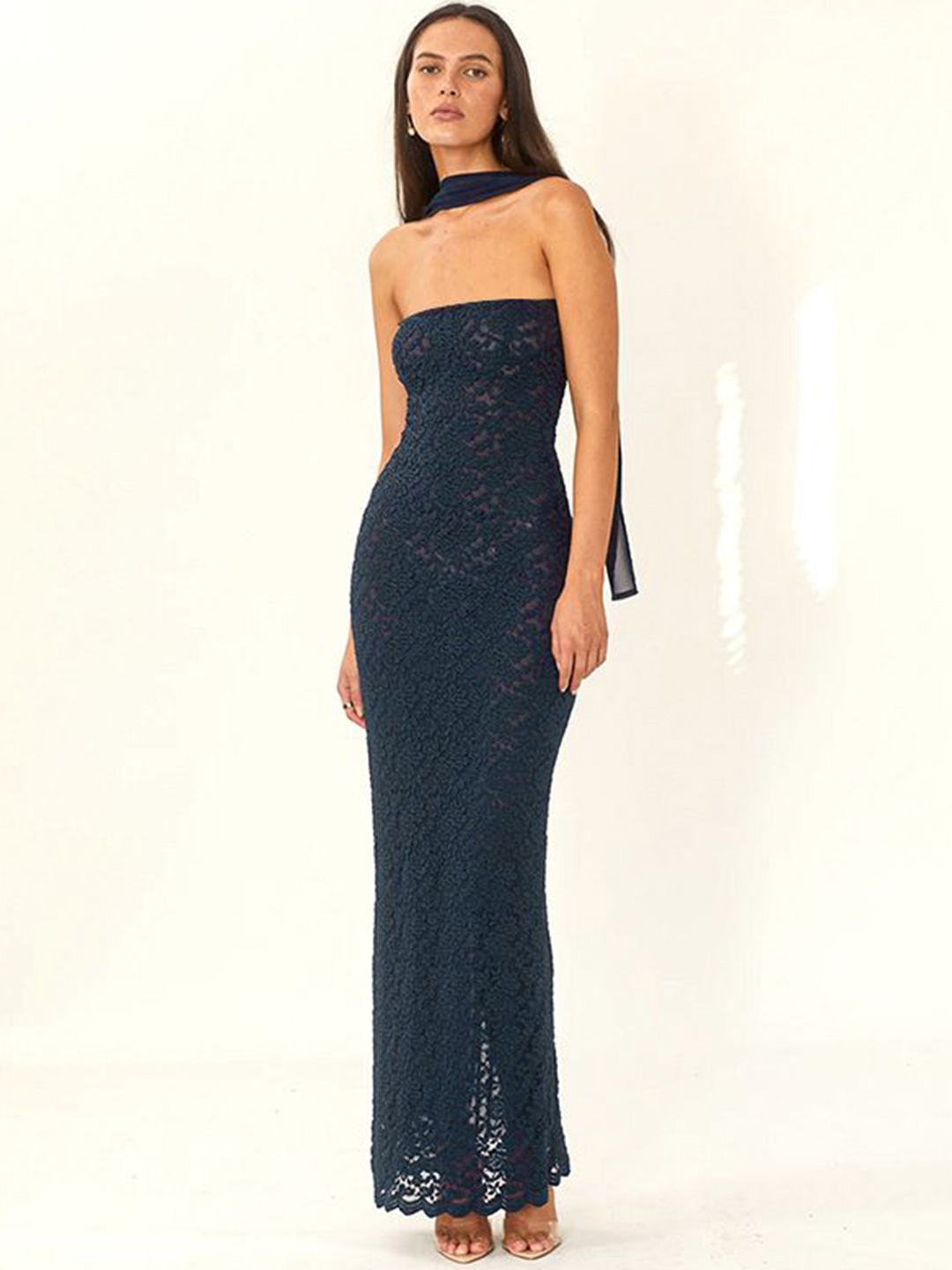 

MIAKEE Self Design Strapless Maxi Dress, Navy blue