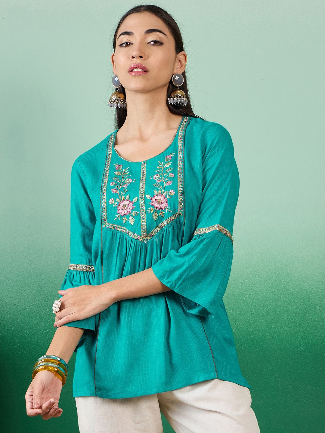 

Sangria Women Floral Embroidered Round Neck Top, Green