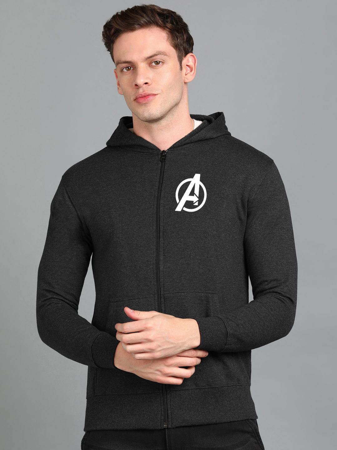 

FALTU.CO Men Graphic Printed Hooded Ribbed Cotton Sweatshirt, Charcoal
