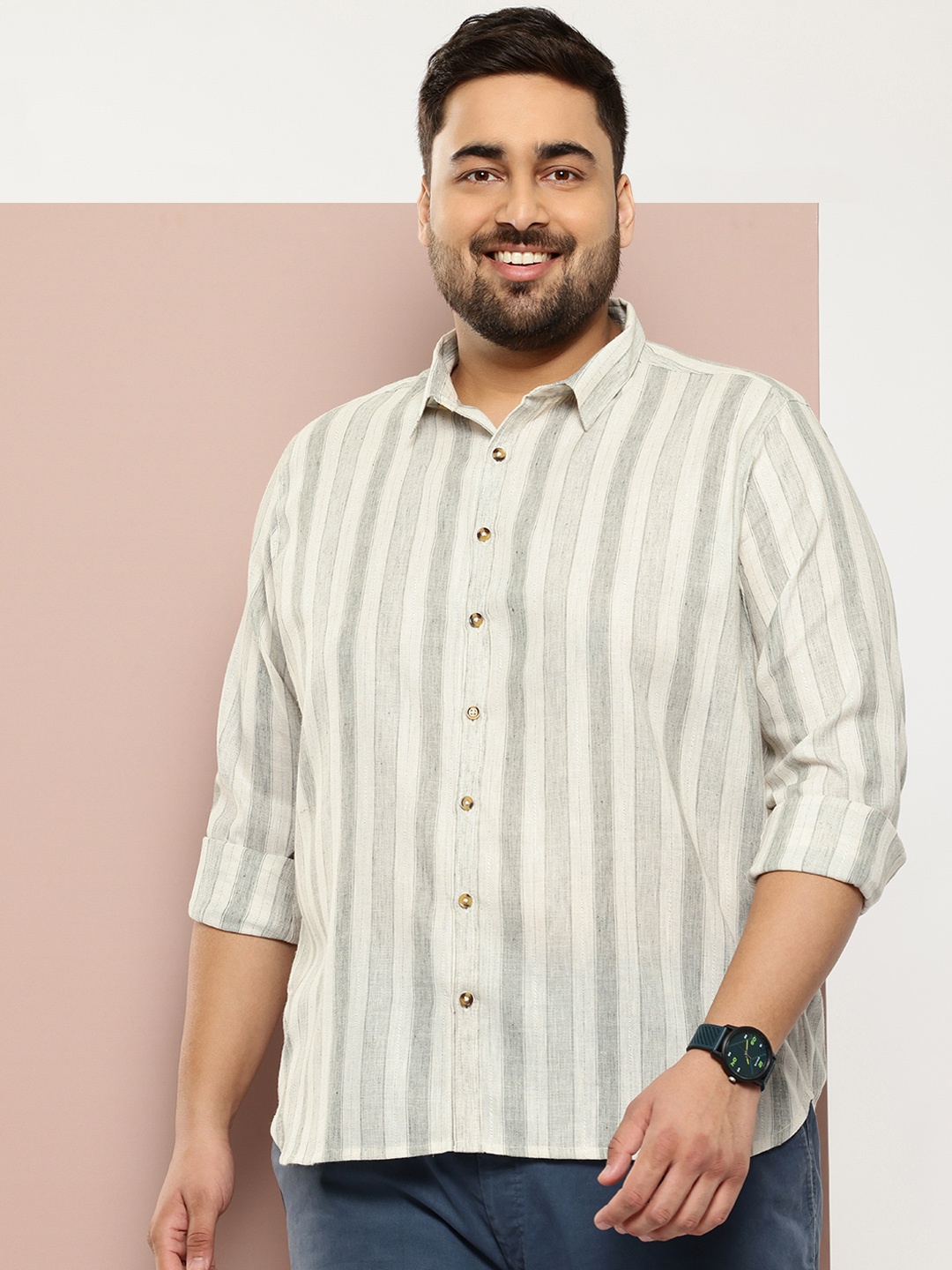 

Sztori Men Plus Size Striped Casual Shirt, Off white