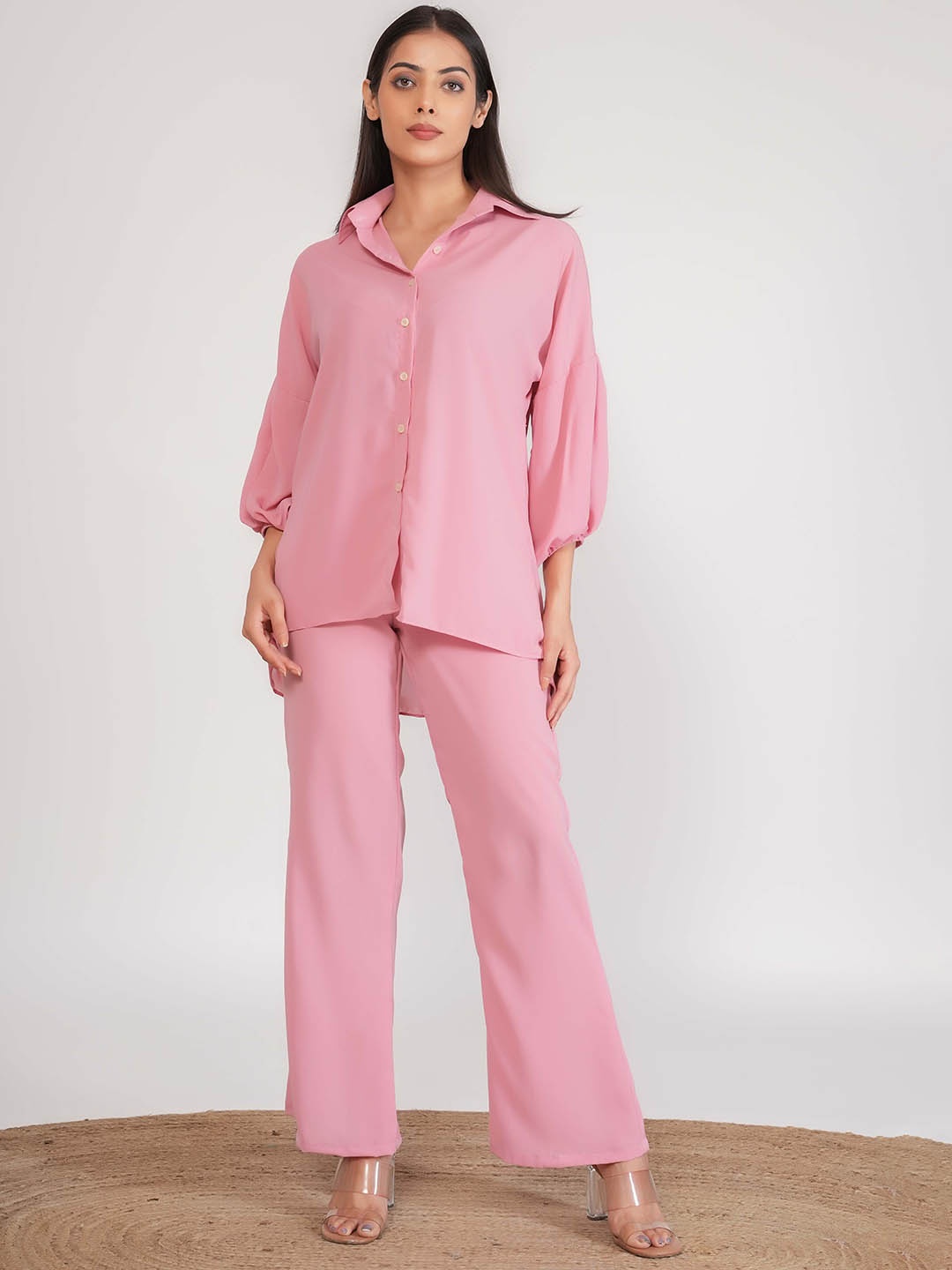 

Salvia Sky Georgette Shirt with Trousers, Pink