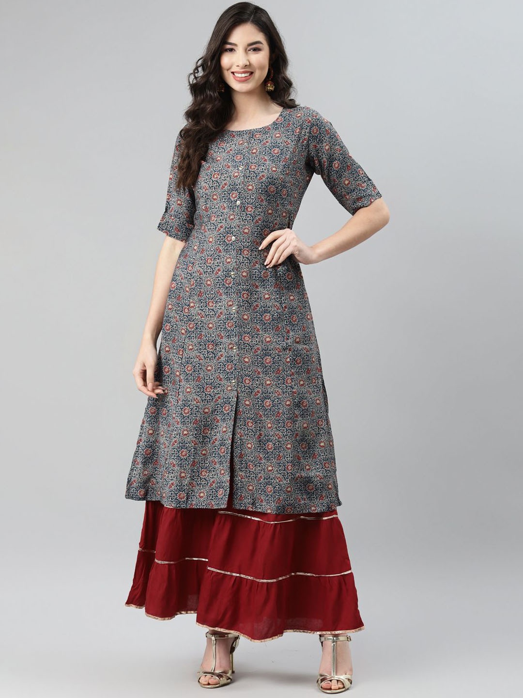 

BAESD Women Printed Keyhole Neck Flared Sleeves Kurta, Multi