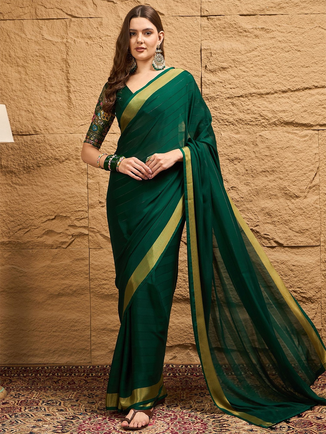

Sangria Striped Saree With Blouse Piece, Green