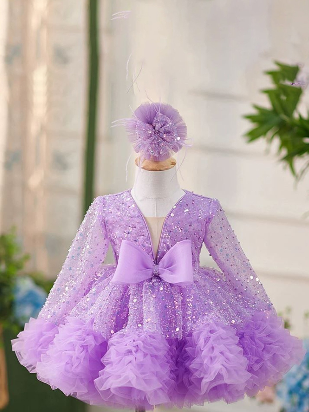 

First Little Smile Embroidered Net Balloon Dress, Lavender