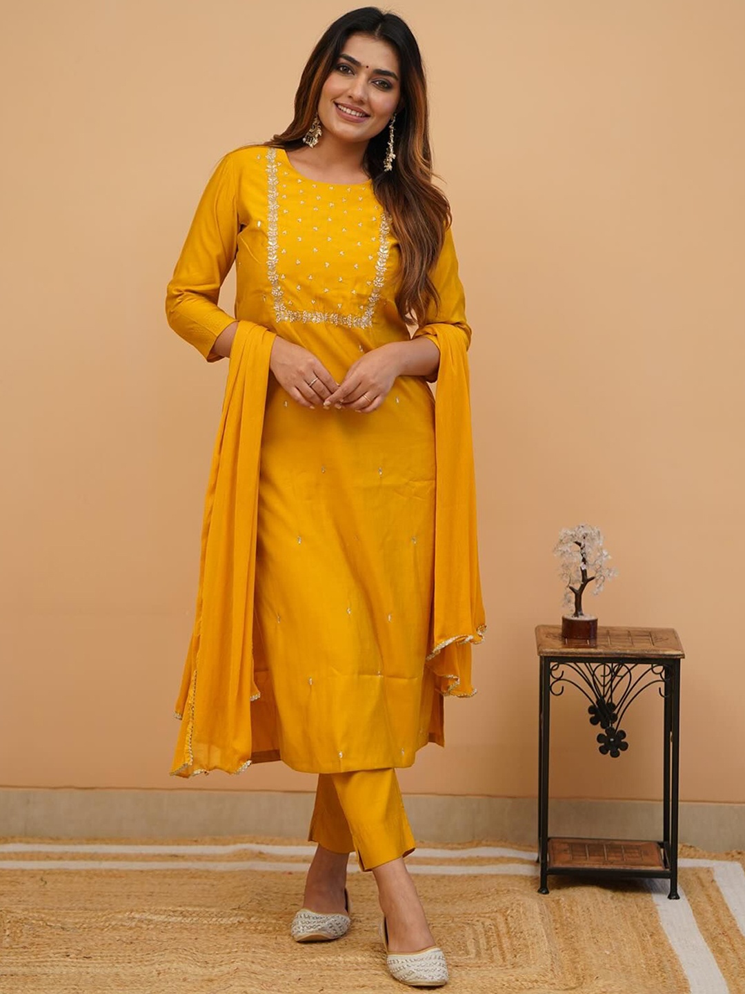 

KALINI Ethnic Motifs Embroidered Kurta & Trousers With Dupatta, Yellow