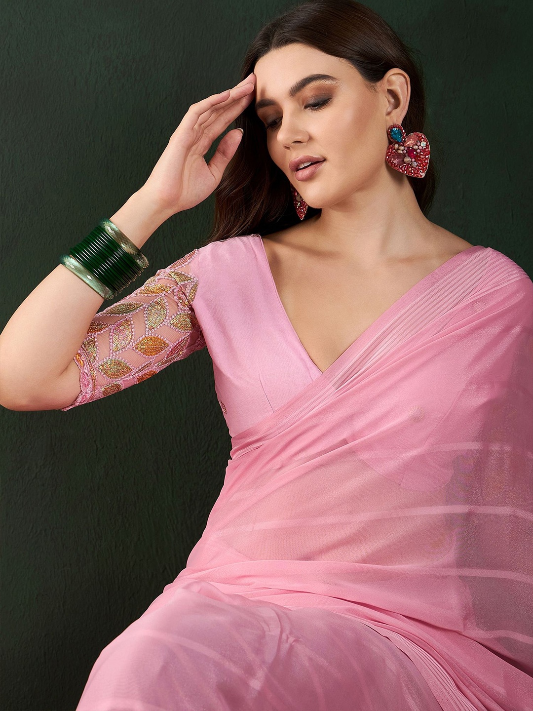 

Sangria Striped Pure Chiffon Saree With Gotta Patti Detail, Pink
