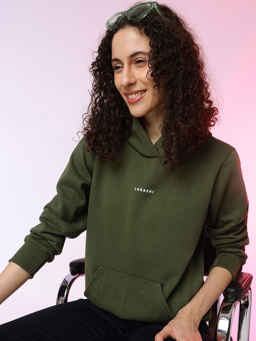 

Lagashi Women Solid Hooded Pullover Ribbed Sweatshirt, Olive