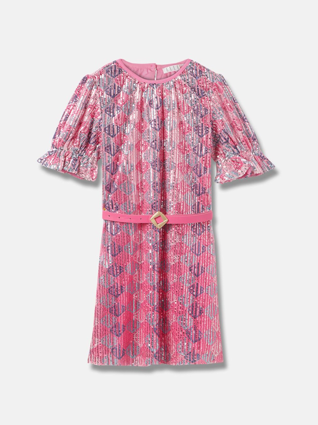 

ELLE Floral Blouson Dress Pink Embellished Round Neck Short Sleeves Belted