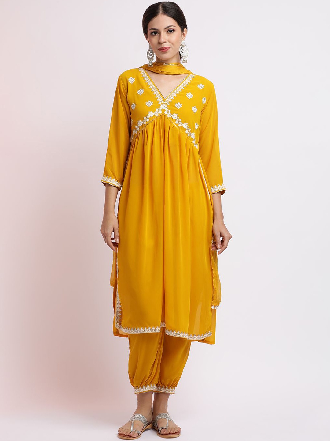 

Jaipur Kurti Embroidered Georgette Kurta Set With Dupatta, Mustard