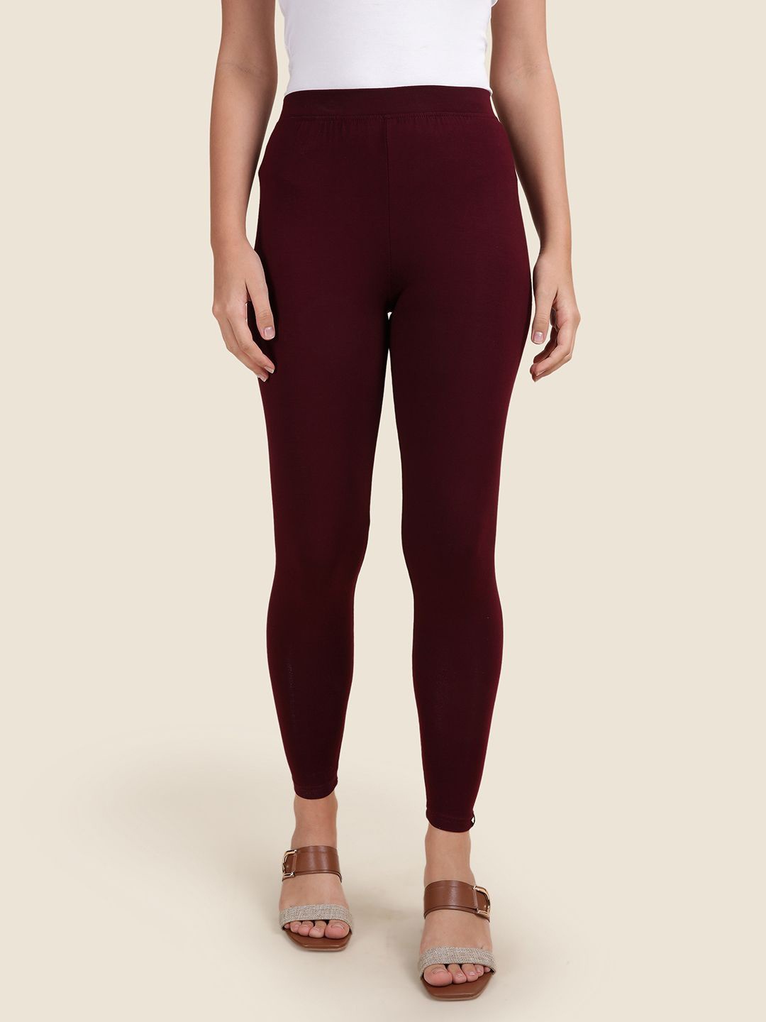 

TWIN BIRDS Women Solid Super Stretch Cotton Churidar Length Leggings, Maroon