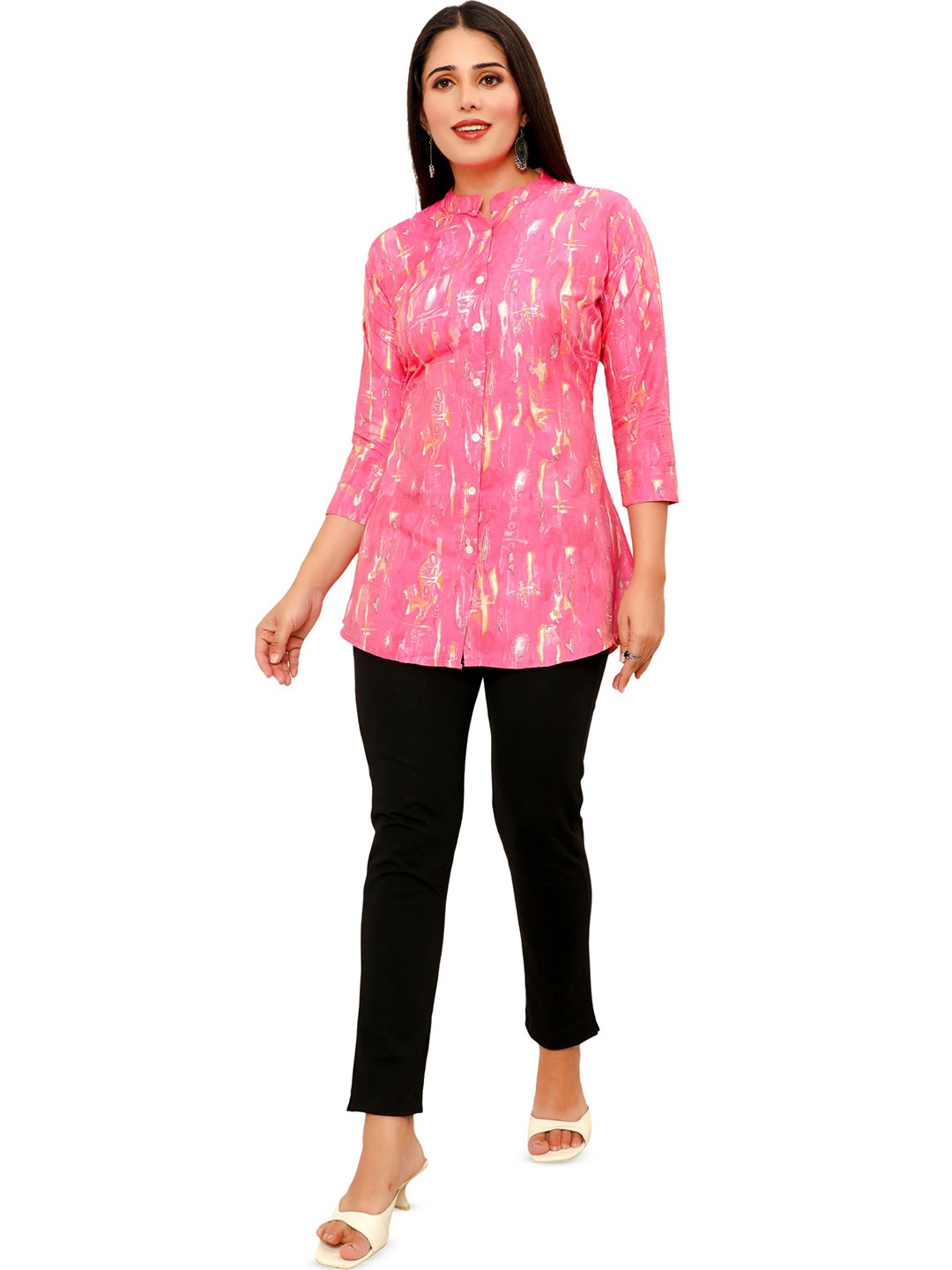 

FESYEN Women Printed Mandarin Collar Ethnic Pure Cotton Tunic, Pink