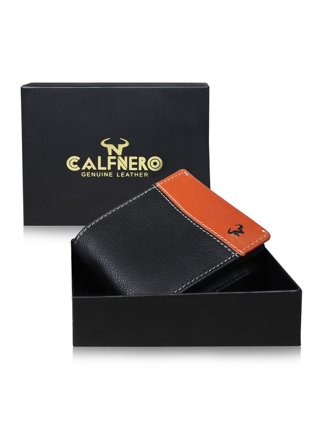 

CALFNERO Men Leather Colourblocked Two Fold Wallet, Black