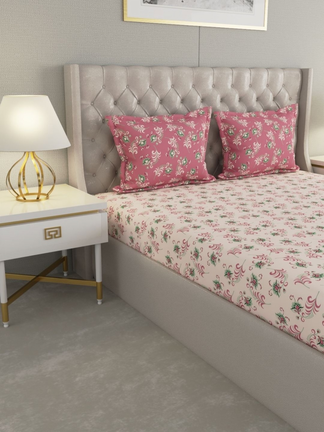 

Raymond Home Camphor Pink Printed Cotton 144 TC Queen Bedsheet With 2 Pillow Covers