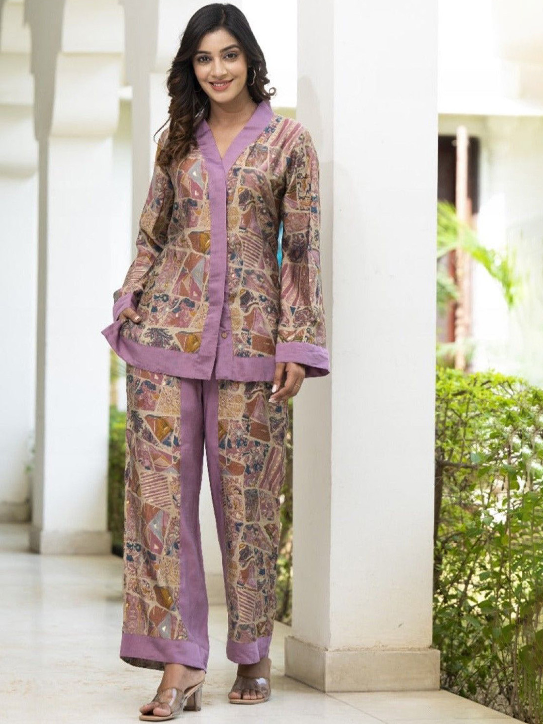 

AUTUMN LANE Floral Printed Pure Cotton Shirt With Trousers, Violet