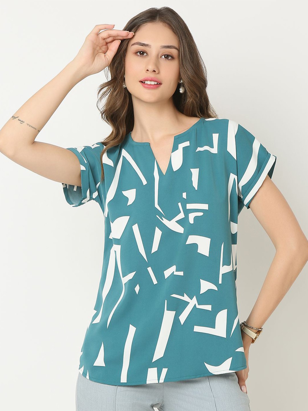 

NOT SO PINK Geometric Print Top, Green