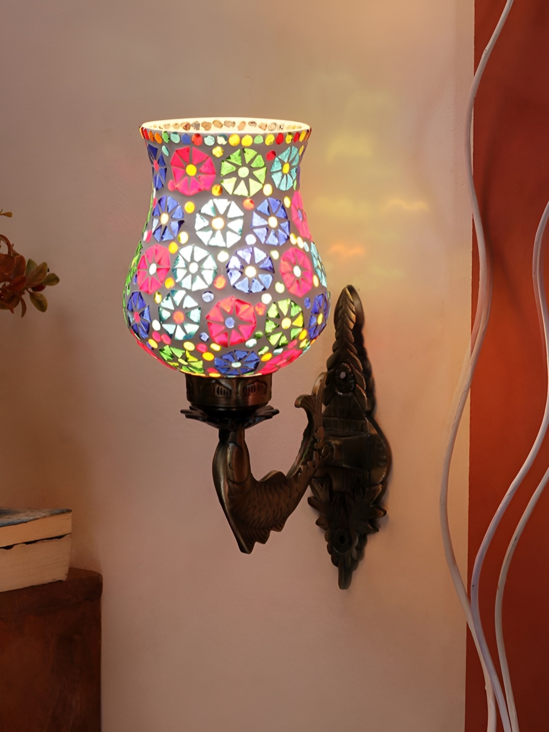 

Devansh Pink & Blue Floral Textured Bell Shaped Metal & Glass Wall Lamp